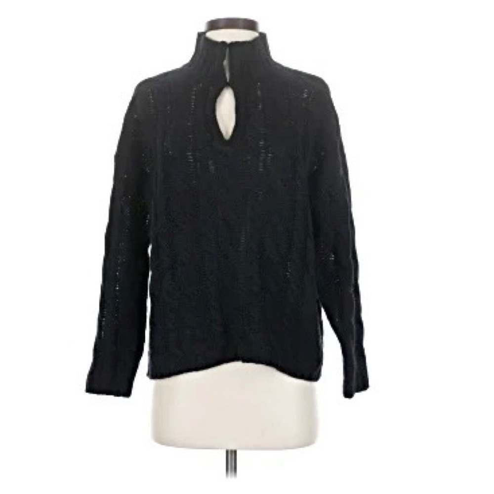 The Cashmere Project Mock Neck Cable Knit Sweater Keyhole Detail Black Small
